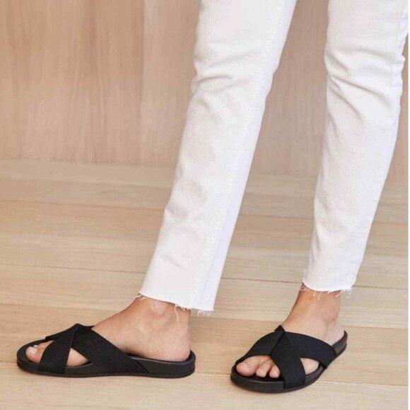 JENNI KAYNE Leather & Cotton Crossover Sandal 40 Made in Italy Solid Black Slide